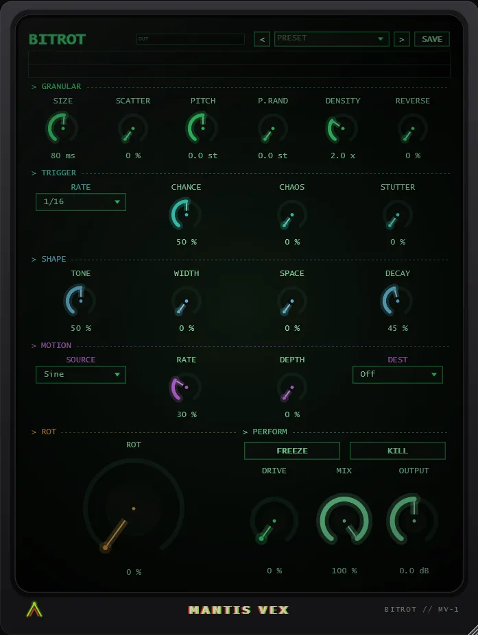 BITROT VST3 glitch and granular plugin interface by Mantis Vex — Granular, Trigger, Shape, Motion and ROT controls