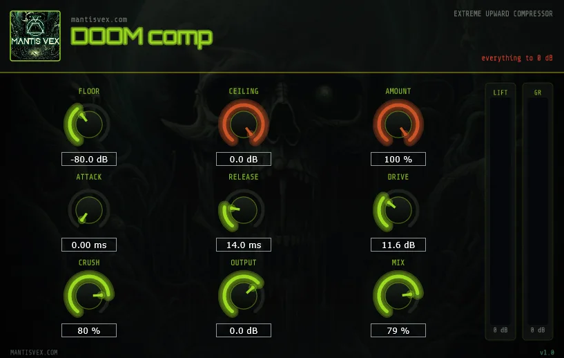 DOOM Compressor VST3 plugin interface by Mantis Vex — Floor, Ceiling, Amount, Drive and Crush knobs with LIFT and GR meters