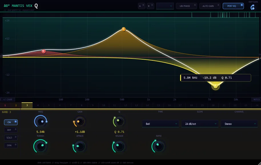 Mantis Vex Q VST3 parametric EQ interface — 24-band EQ curve over a real-time spectrum analyzer