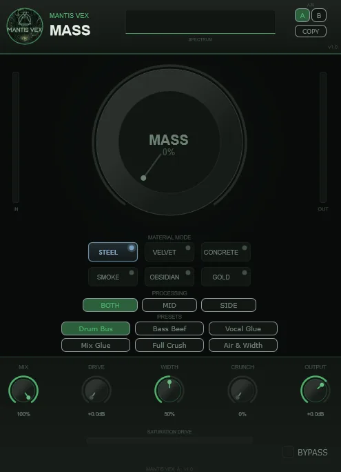 MASS VST3 plugin interface by Mantis Vex — large density dial with material modes, presets and Mix/Drive/Width/Crunch/Output controls