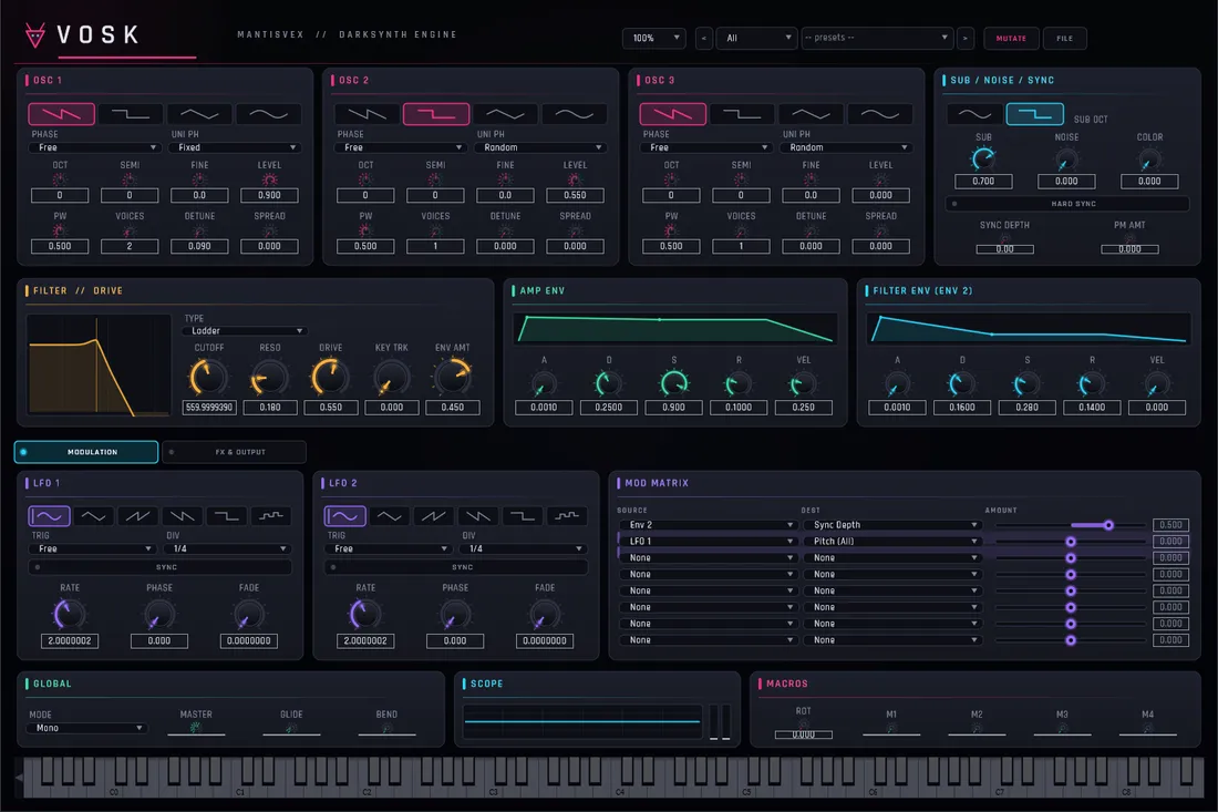 VOSK VST3 darksynth synthesizer interface by Mantis Vex — three oscillators, filter, envelopes, LFOs and mod matrix